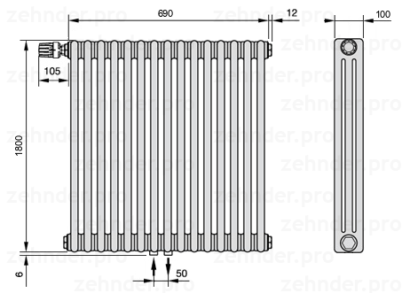 Схема (чертеж) Радиатор Zehnder Charleston 3180/15 №V007 Technoline TL
